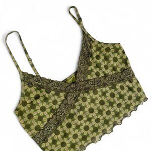 SO Green Floral Daisy Mesh Lace Trim Cami Crop Top Size M Y2K Fairycore Coquette